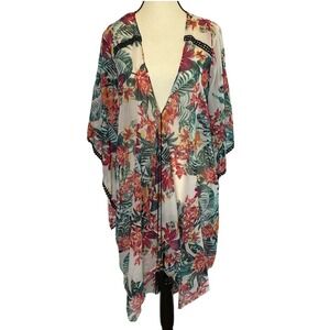 BCBGeneration Sheer Tropical Print Tassel Tie Bell Sleeve Swim Cover‎ Up